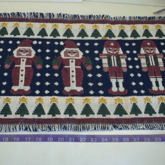 Vtg Woven Christmas Holiday Table Runner Fringe Nutcracker Santa Soldier Rustic - Picture 7 of 10
